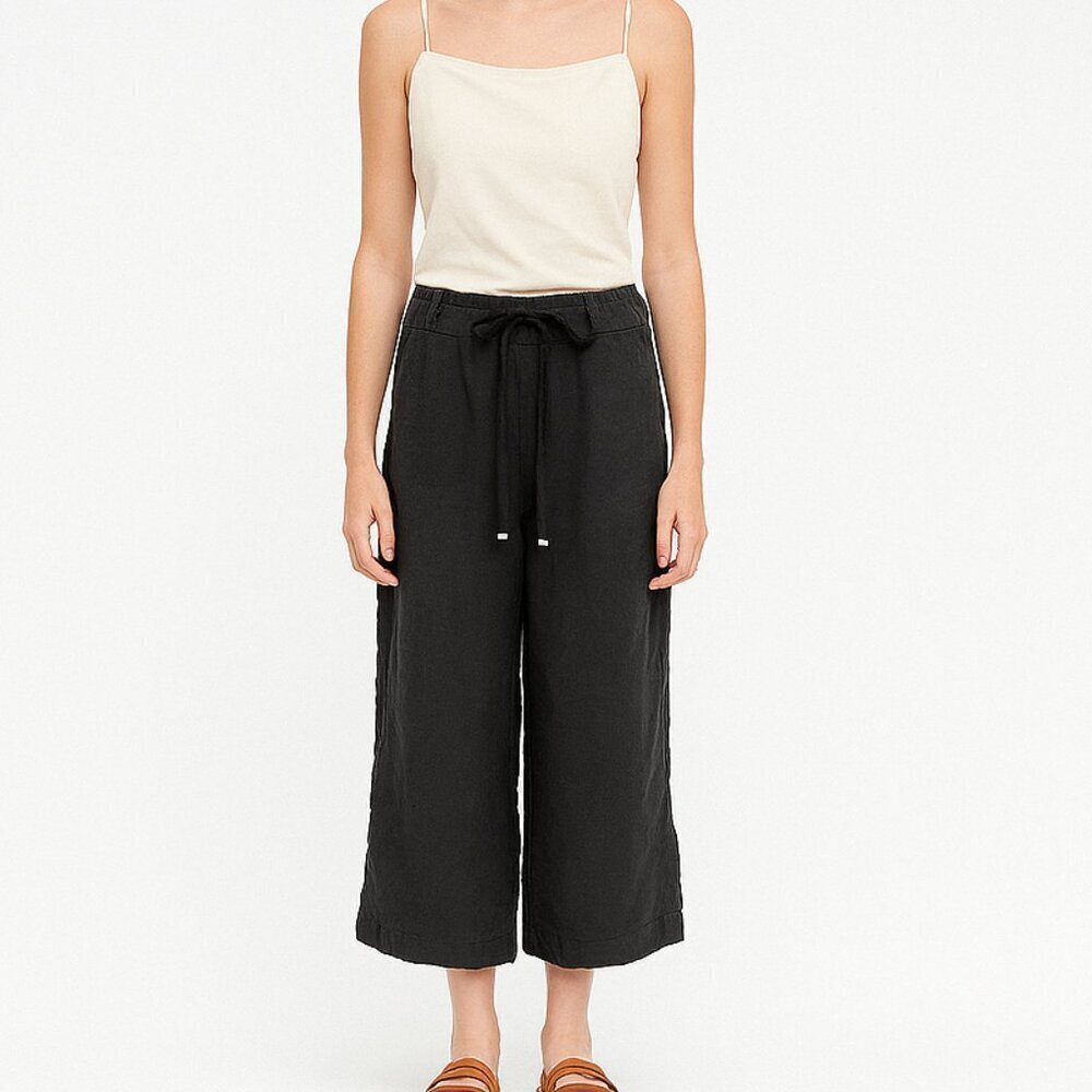 H HALSTON Black Wide Leg Linen Pants Size S Minimalist Resort Drawstring
